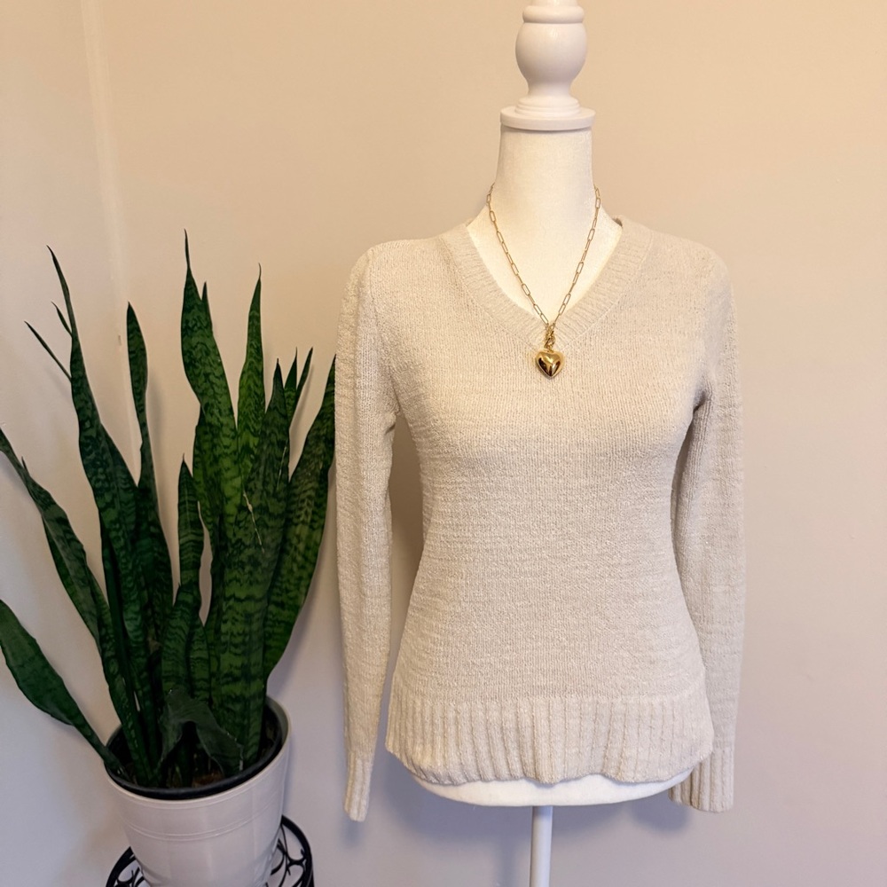 Faded Glory | Cream Chenille Knit V-Neck Sweater